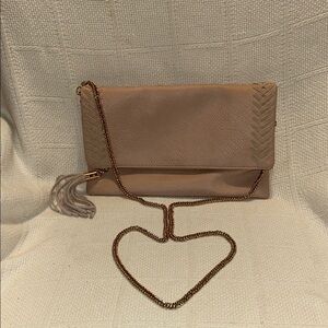 MODA LUXE  Natural Colored Foldover Clutch with Chain Strap and Tassel